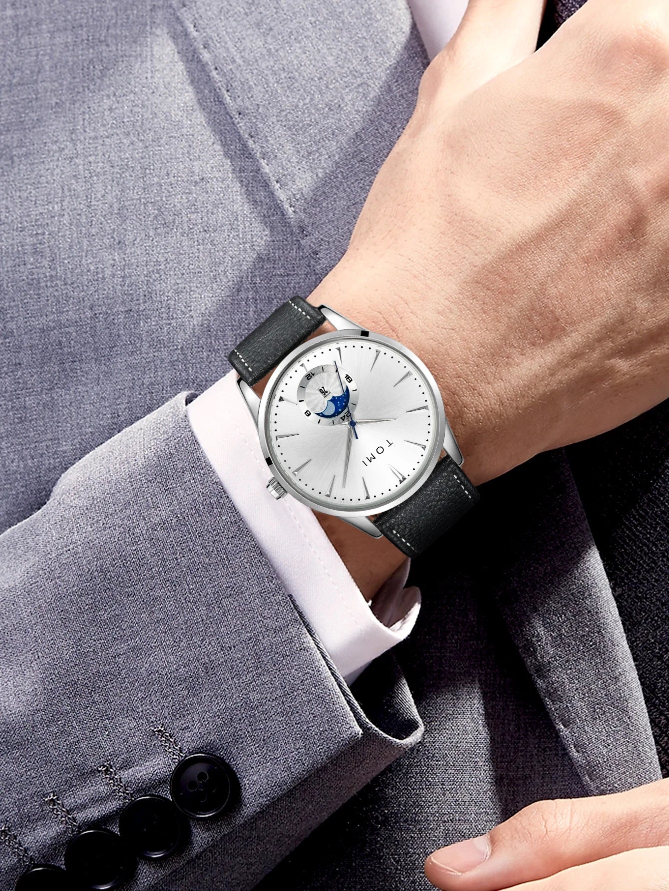 Relógio Masculino TOMI Luxo de Couro com Calendário