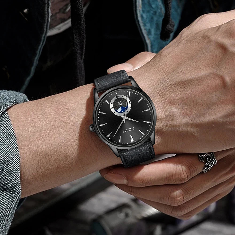 Relógio Masculino TOMI Luxo de Couro com Calendário