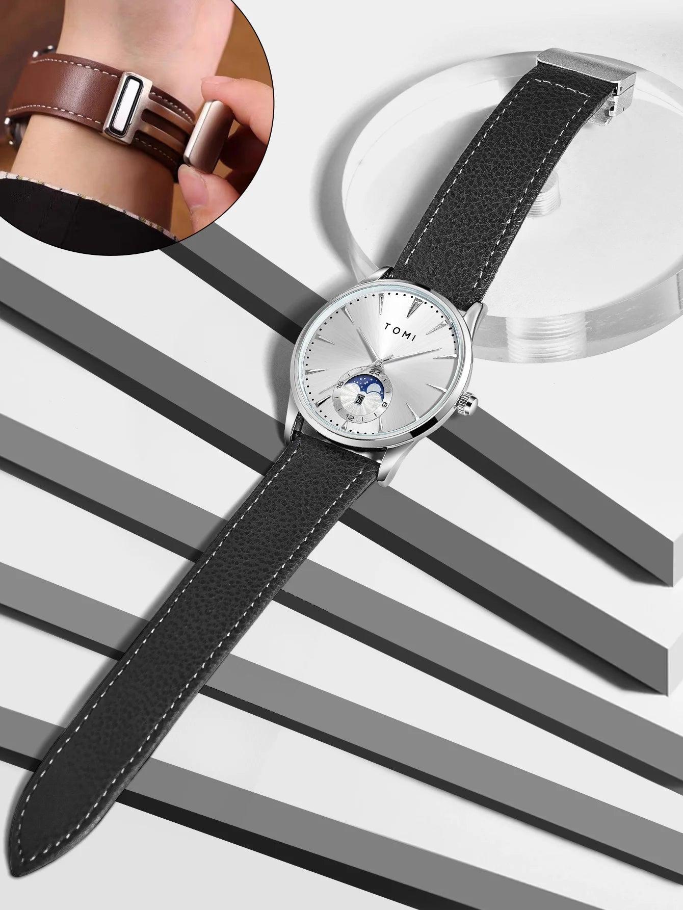 Relógio Masculino TOMI Luxo de Couro com Calendário