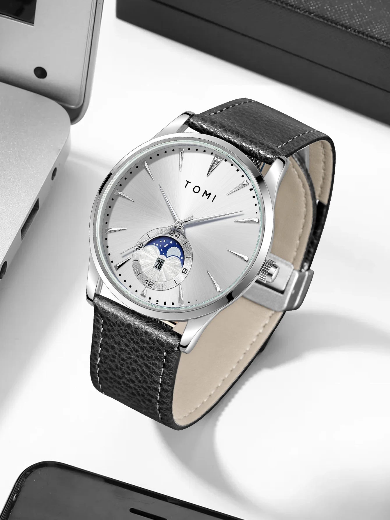 Relógio Masculino TOMI Luxo de Couro com Calendário