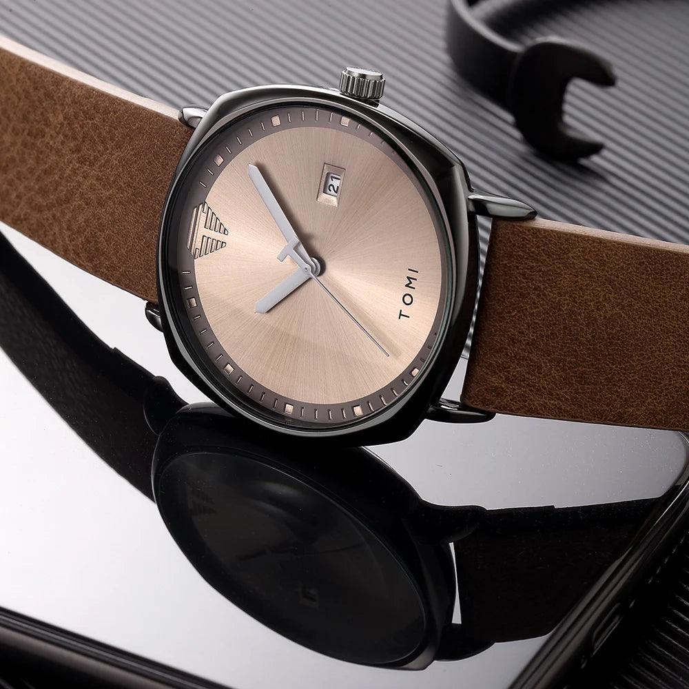 Relógio Masculino de Quartzo com Pulseira de Couro e Calendário